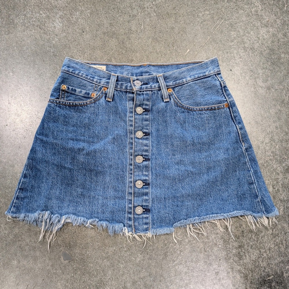 Levi's Skirt 27 Blue Denim Button Fly Raw Hem Mini Casual Boho Ojai Shore Wash